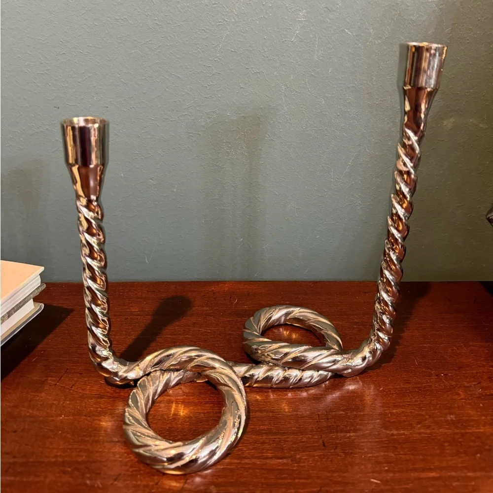 West Elm Silver Tone Rope Design Double Taper Candle Holder Centerpiece